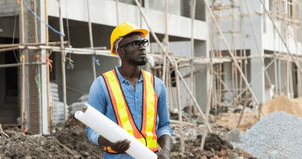 african-man-protective-safety-hard-hat-looking-blueprint-plans-construction-site
