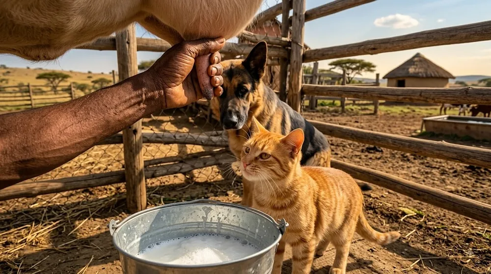 cat-and-dog-await-as-man-milks-cow