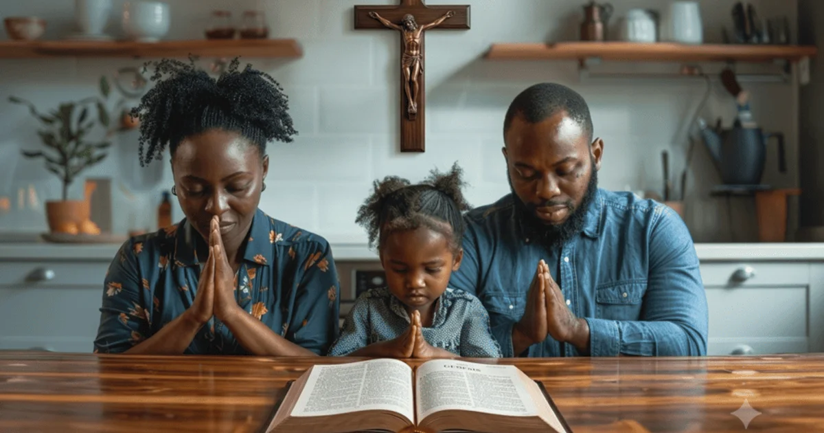 praying african family with bible on kitchen table and Jesus on the cross on wall in background